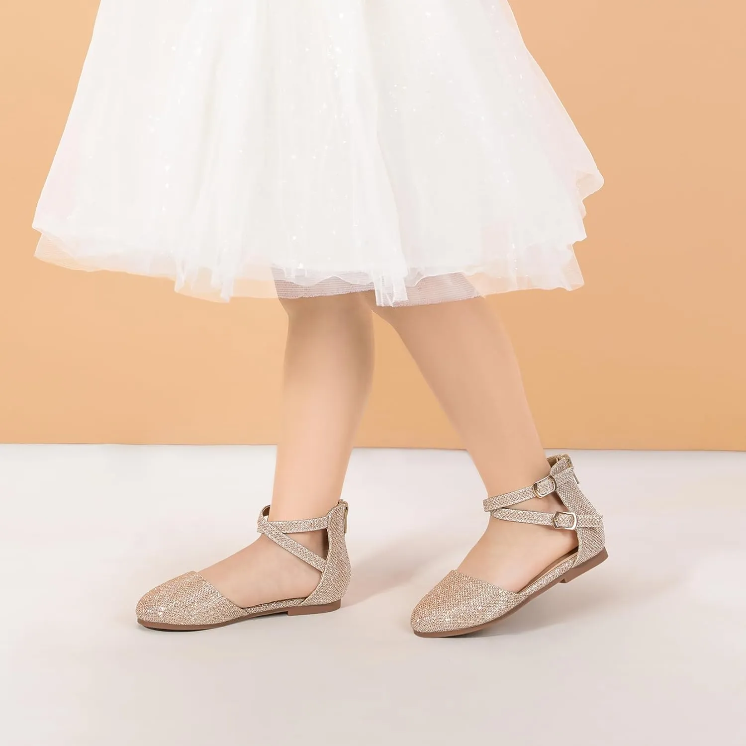 PANDANINJIA Girls Dress Shoes Flats Wedding Party School Toddler Little Kids Ankle Strap Ballet Flats Sandals