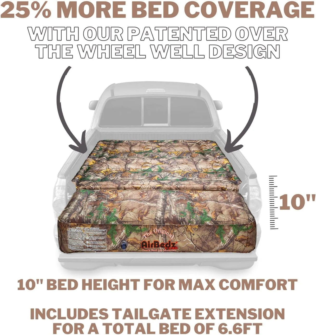 Pittman Outdoors PPI-405 AirBedz CAMO Truck Bed Air Mattress | Mid Size-Short Bed, 5-5.5 Feet in Length | Built-in Rechargeable Battery Air Pump | Includes Tailgate Extension , Camouflage