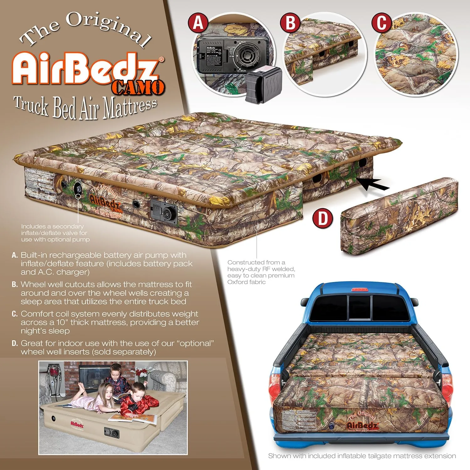 Pittman Outdoors PPI-405 AirBedz CAMO Truck Bed Air Mattress | Mid Size-Short Bed, 5-5.5 Feet in Length | Built-in Rechargeable Battery Air Pump | Includes Tailgate Extension , Camouflage