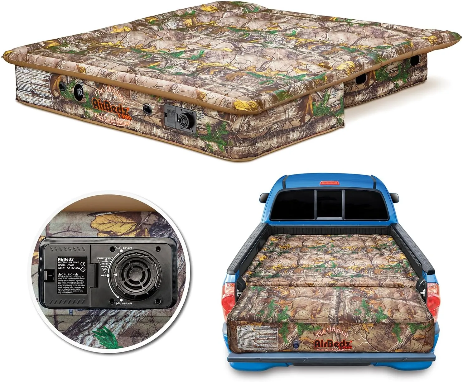 Pittman Outdoors PPI-405 AirBedz CAMO Truck Bed Air Mattress | Mid Size-Short Bed, 5-5.5 Feet in Length | Built-in Rechargeable Battery Air Pump | Includes Tailgate Extension , Camouflage