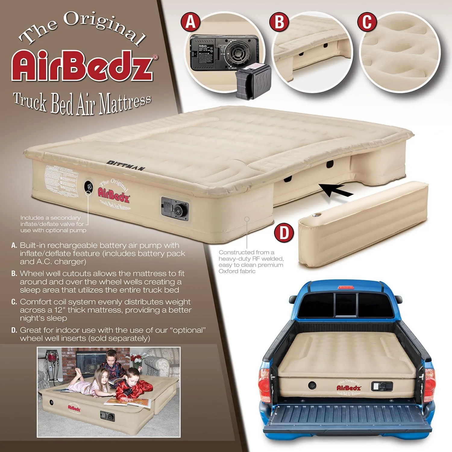 Pittman - Truck Bed Mattress 8ft - Airbedz Full Size Truck Bed Air Mattress 8ft - with Built in Pump & 25% More Coverage for Comfortable Pickup Camping - PPI-501