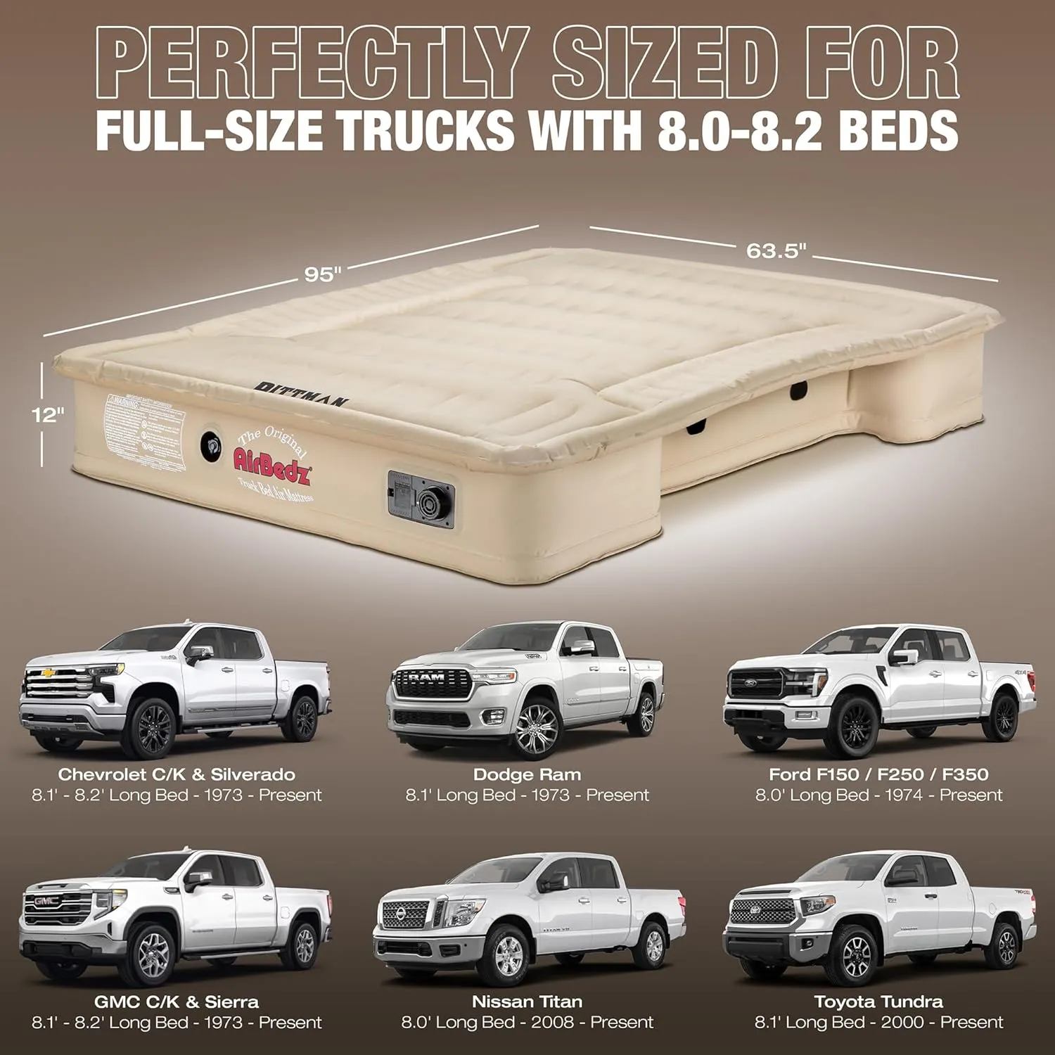 Pittman - Truck Bed Mattress 8ft - Airbedz Full Size Truck Bed Air Mattress 8ft - with Built in Pump & 25% More Coverage for Comfortable Pickup Camping - PPI-501