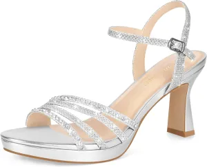 PIZZ ANNU Lena Women's Platform Heels High Block Chunky Sparkly Rhinestone Open Toe Ankle Strap Fashion Dress Pump Sandals Shoes for Party Wedding