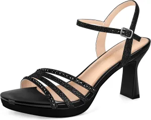 PIZZ ANNU Lena Women's Platform Heels High Block Chunky Sparkly Rhinestone Open Toe Ankle Strap Fashion Dress Pump Sandals Shoes for Party Wedding