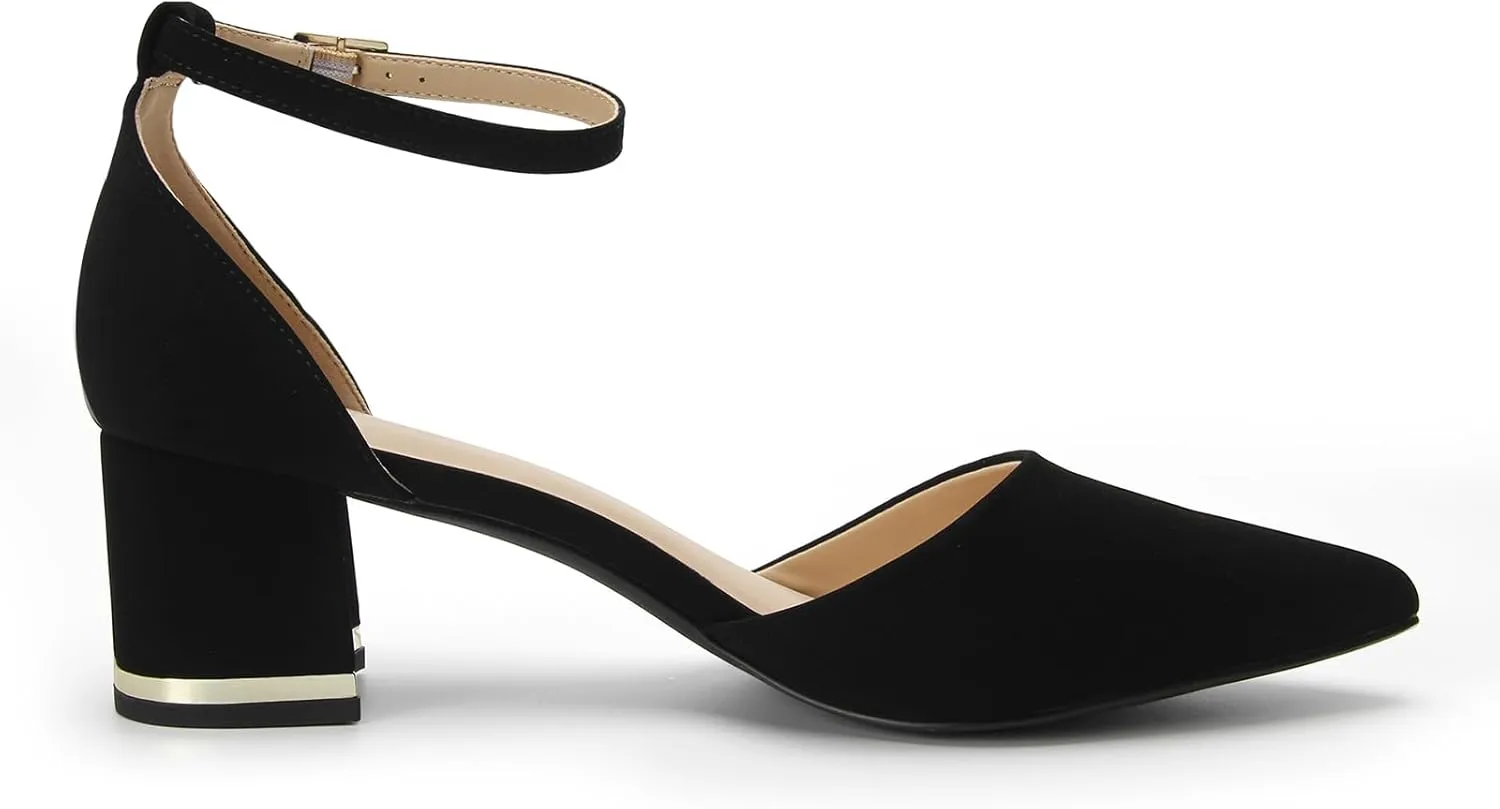 Pointed Toe Low Chunky Heels Pump Shoes Closed Toe Heels for Women Low Block Chunky Women Pumps with Ankle Strap 2.25 Inch Comfortable Wedding Pumps