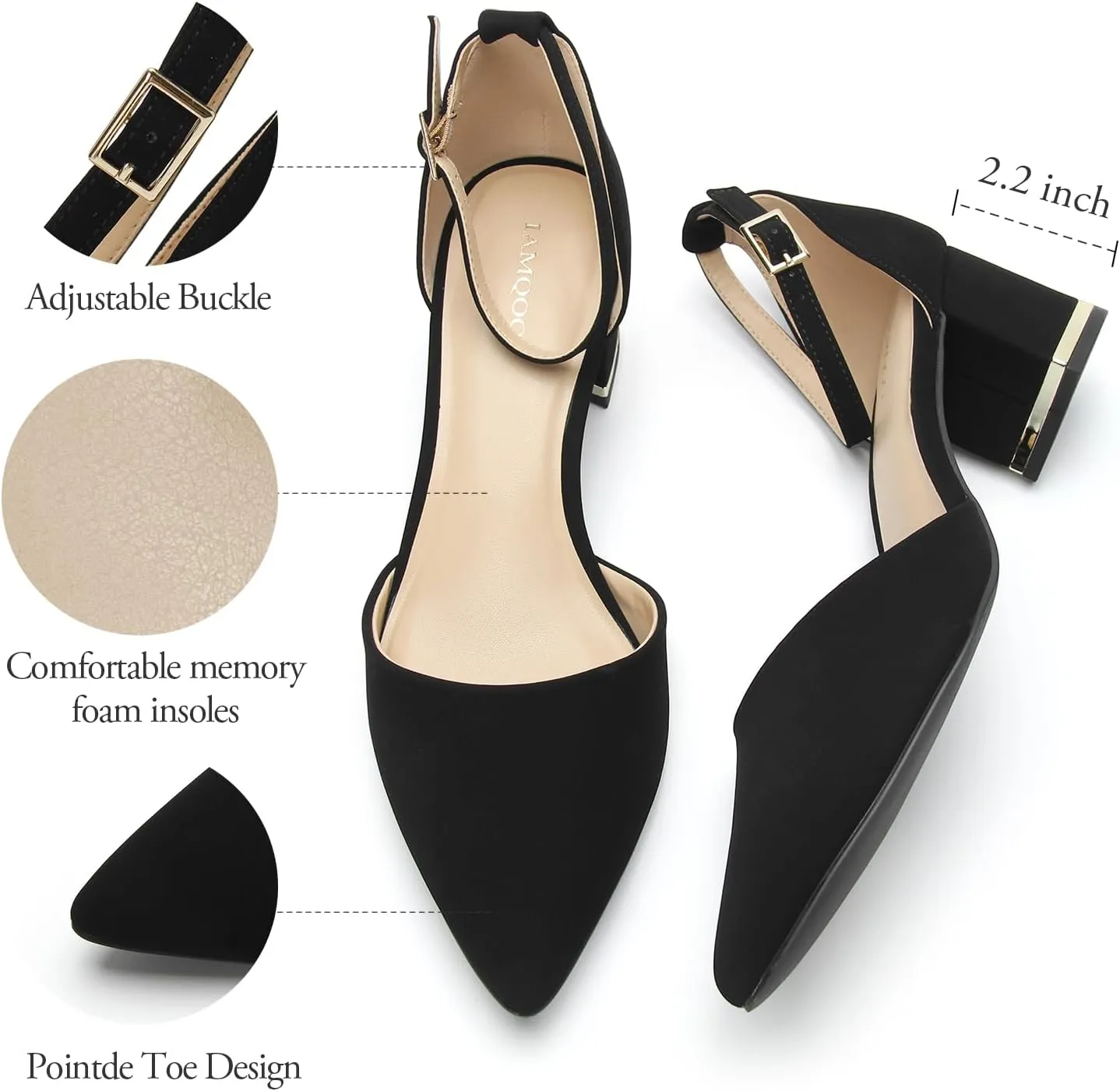 Pointed Toe Low Chunky Heels Pump Shoes Closed Toe Heels for Women Low Block Chunky Women Pumps with Ankle Strap 2.25 Inch Comfortable Wedding Pumps