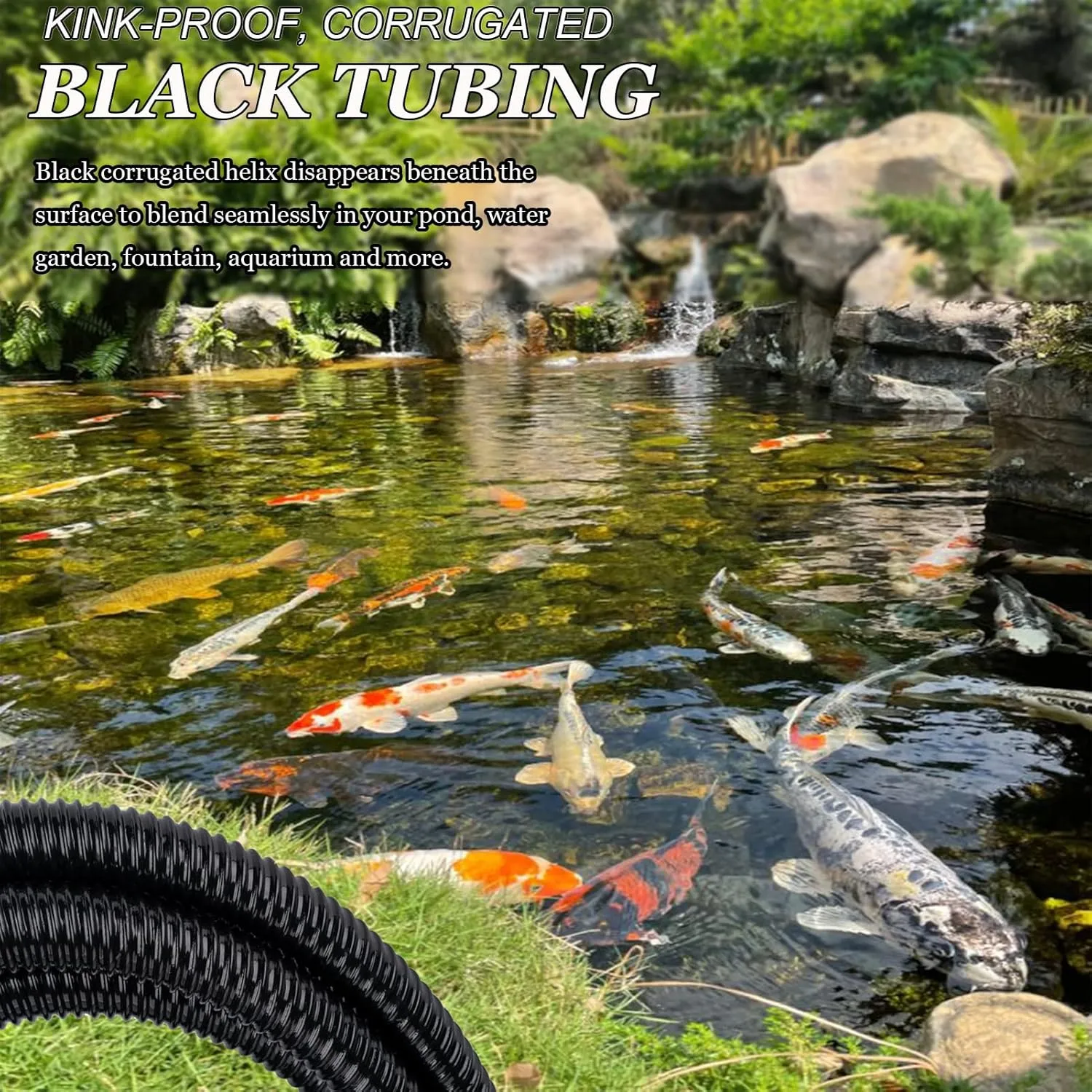 Pond Tubing,1 inch PVC Flexible Pond Hose, Black Corrugated Waterfall Sump Pump Hose,Drainage Pipe, Kinkproof for Garden Ponds, 1"x50FT