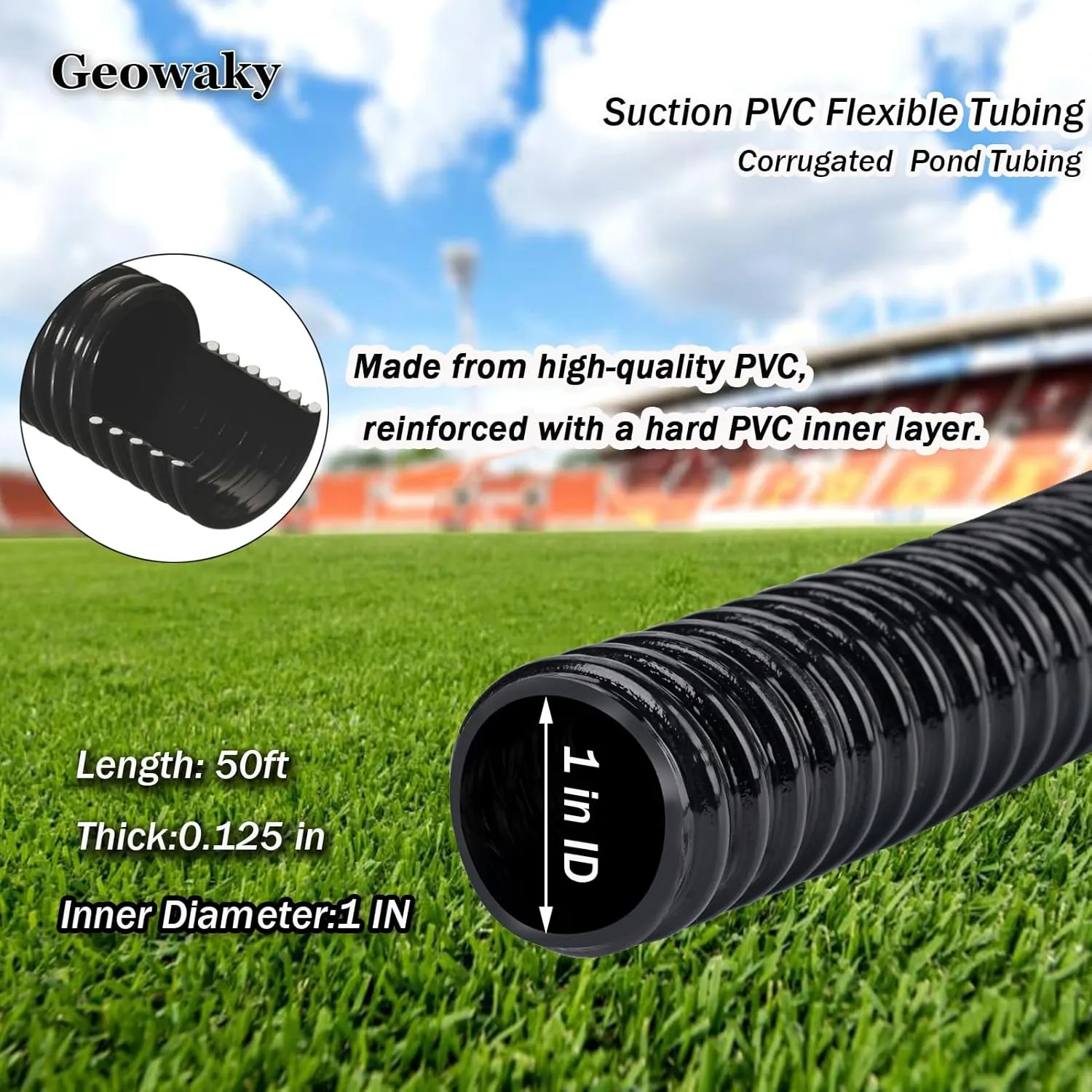 Pond Tubing,1 inch PVC Flexible Pond Hose, Black Corrugated Waterfall Sump Pump Hose,Drainage Pipe, Kinkproof for Garden Ponds, 1"x50FT