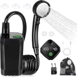 Portable Shower for Camping, Rechargeable Outdoor Camping Shower Pump with Intelligent LED Temperature Display, 4 Spray Modes, IPX7 Waterproof High-Pressure Shower Kit for Hiking, Travel, Car, Pet
