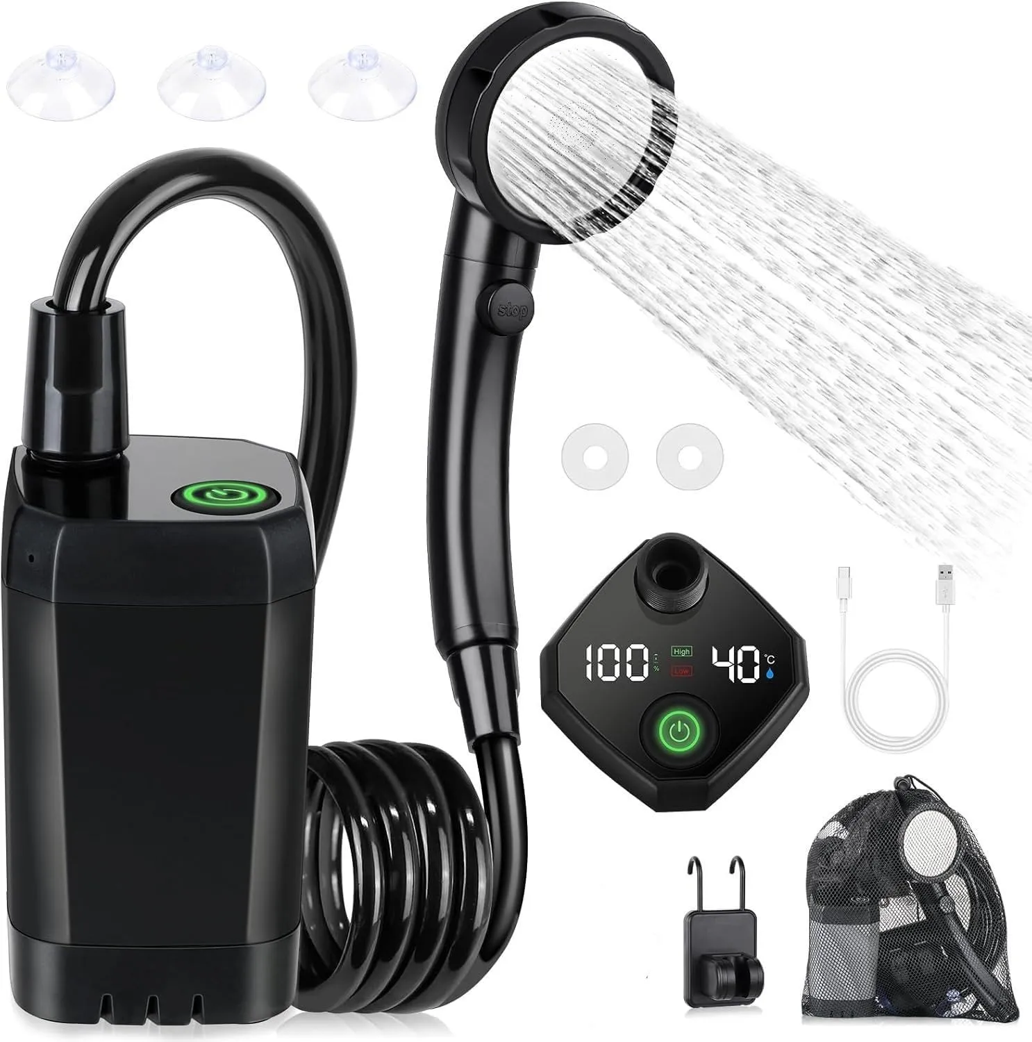 Portable Shower for Camping, Rechargeable Outdoor Camping Shower Pump with Intelligent LED Temperature Display, 4 Spray Modes, IPX7 Waterproof High-Pressure Shower Kit for Hiking, Travel, Car, Pet