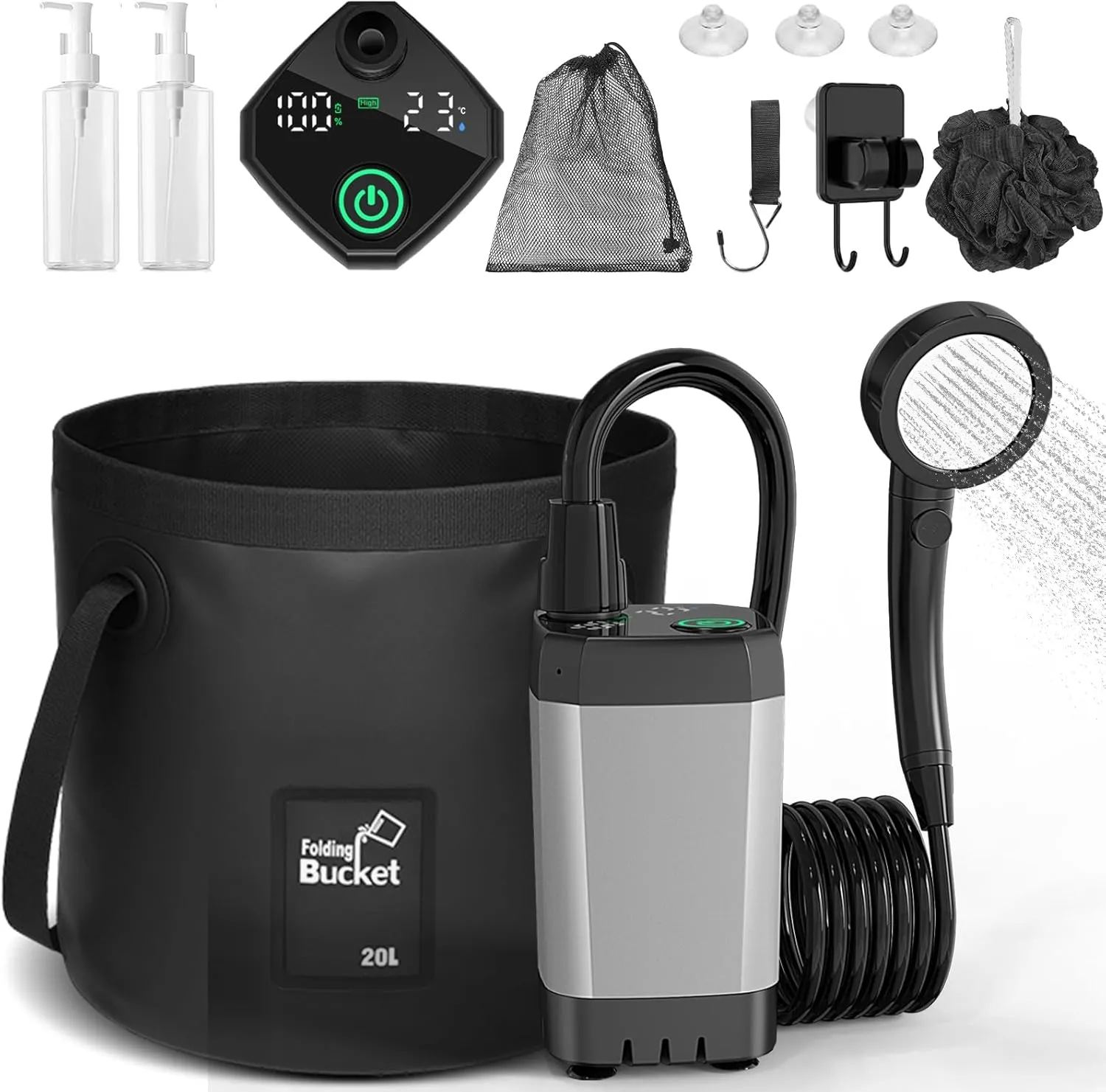 Portable Shower for Camping, Upgrade 6000mAh Rechargeable Camping Shower with LED Display, Foldable Bucket, Outdoor Shower with 3 Spray Modes for Hiking, Travel, Pet Bath, Car Washing, Beach