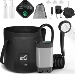 Portable Shower for Camping, Upgrade 6000mAh Rechargeable Camping Shower with LED Display, Foldable Bucket, Outdoor Shower with 3 Spray Modes for Hiking, Travel, Pet Bath, Car Washing, Beach