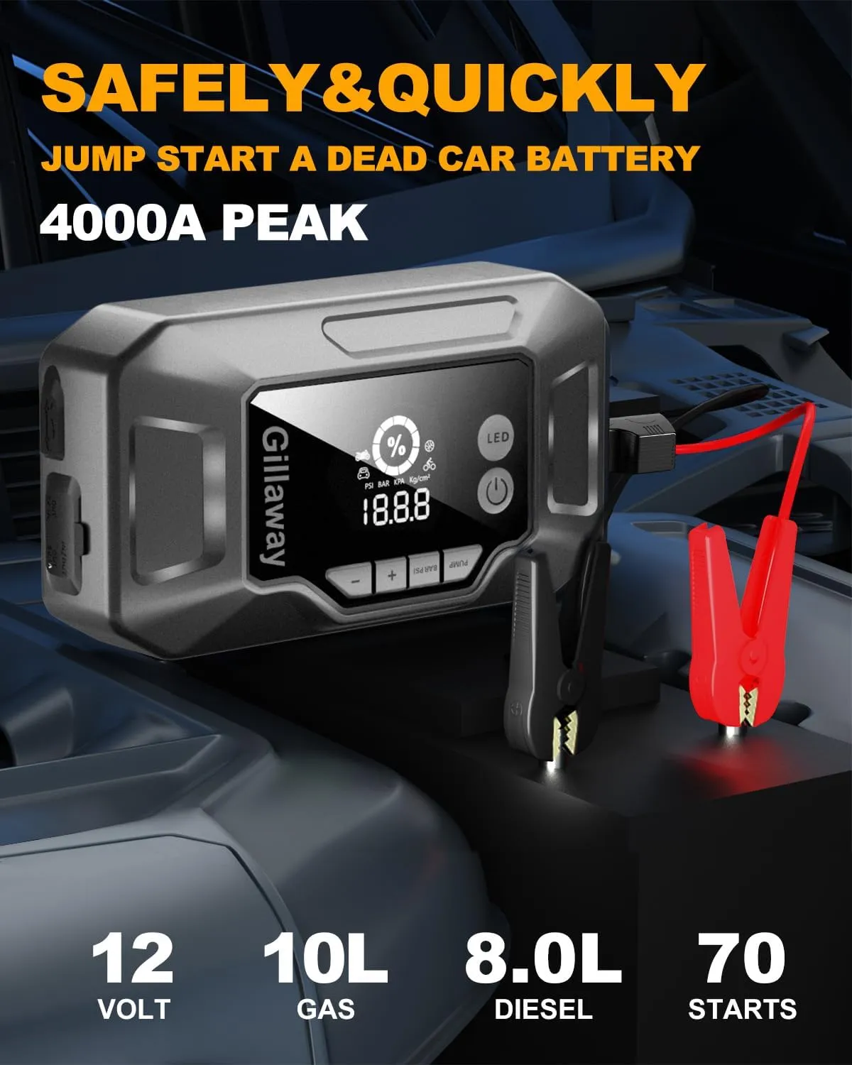 Q11 4000A Car Jump Starter with Air Compressor Combo 150PSI, Portable Car Battery Jump Starter Battery Pack (10L Gas/8.0L Diesel), Charger Jump Starter Tire Inflator LED Light (4000A)