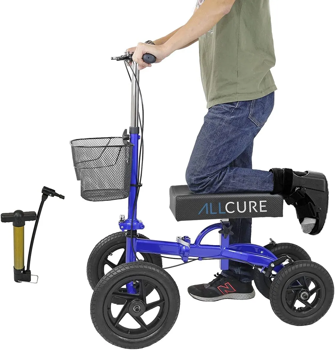 Quad All Terrain Foldable Medical Steerable Knee Walker Scooter, Blue, Walking Aid Roller for Foot Injuries, Height Adjustable Crutch Alternative, Deluxe Brake System & Basket