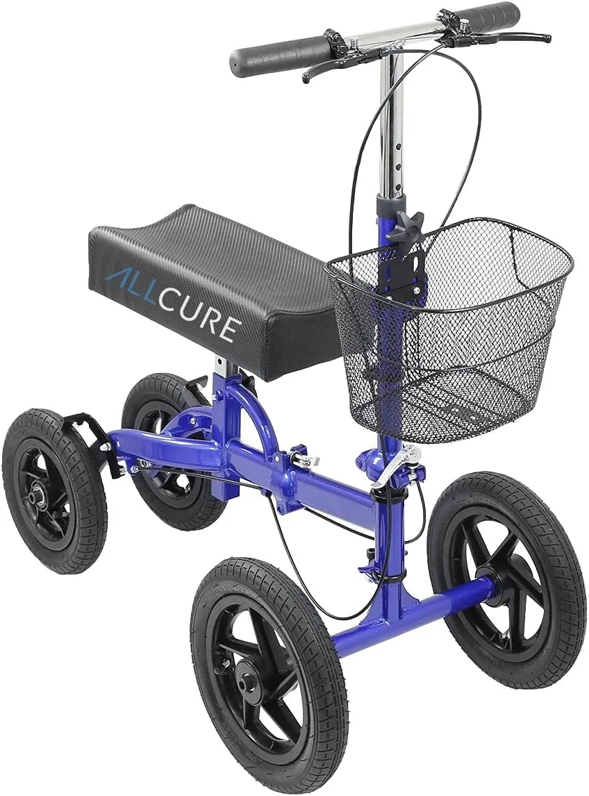 Quad All Terrain Foldable Medical Steerable Knee Walker Scooter, Blue, Walking Aid Roller for Foot Injuries, Height Adjustable Crutch Alternative, Deluxe Brake System & Basket