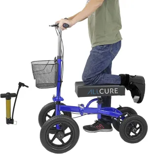 Quad All Terrain Foldable Medical Steerable Knee Walker Scooter, Blue, Walking Aid Roller for Foot Injuries, Height Adjustable Crutch Alternative, Deluxe Brake System & Basket
