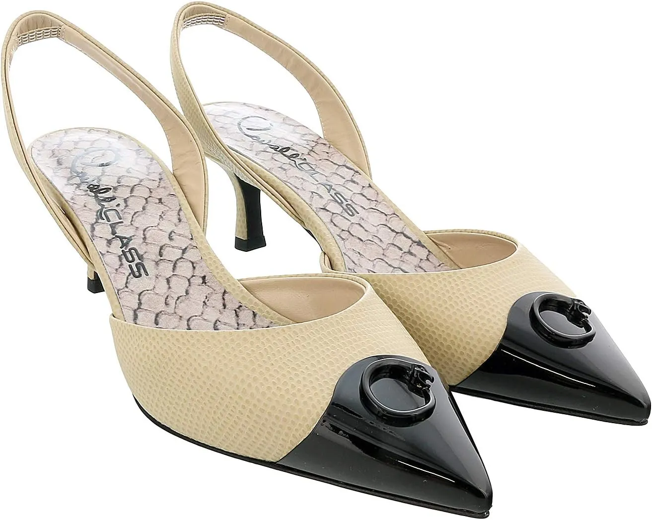 ROBERTO CAVALLI Class Beige/Black Leather Classic Sling Back Mid Heel Shoes- for Womens
