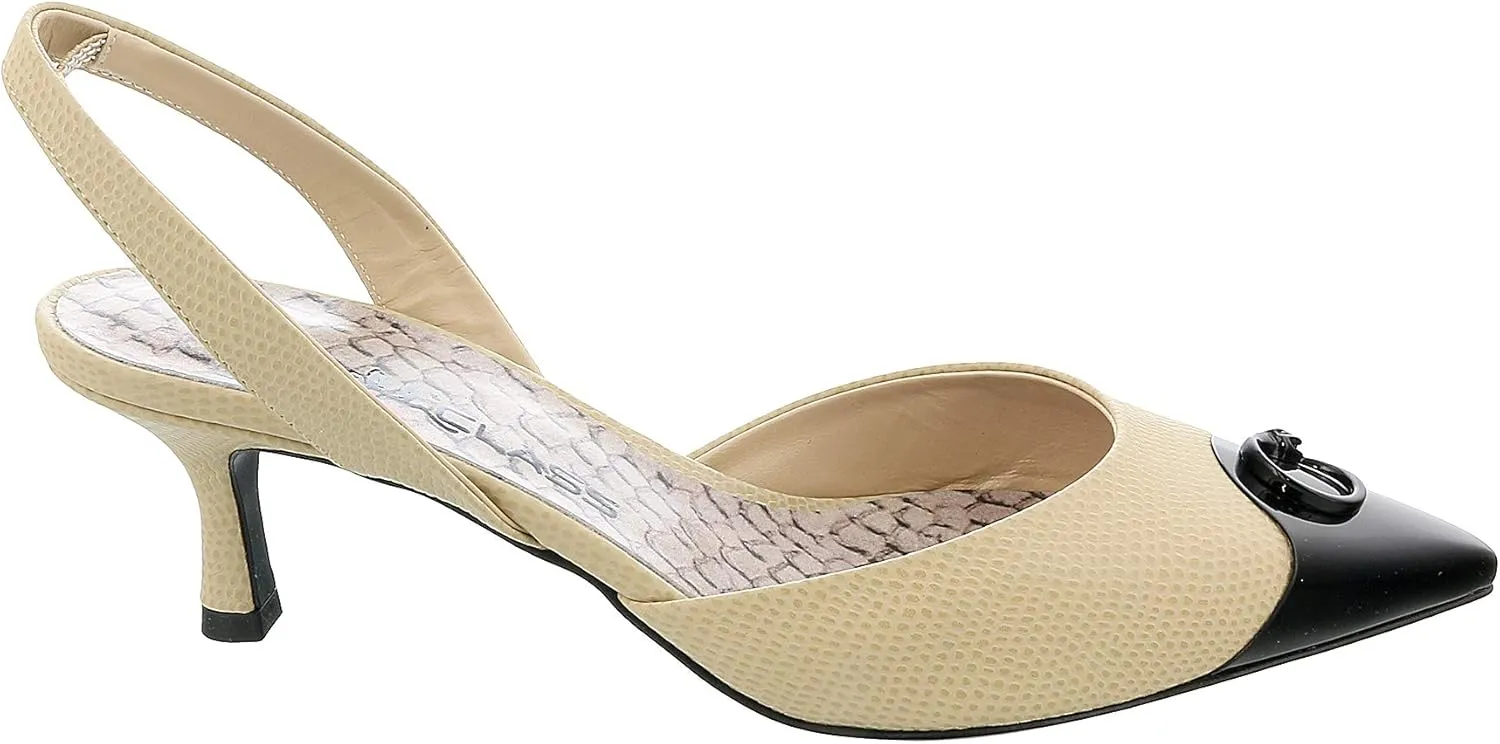 ROBERTO CAVALLI Class Beige/Black Leather Classic Sling Back Mid Heel Shoes- for Womens