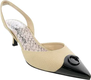 ROBERTO CAVALLI Class Beige/Black Leather Classic Sling Back Mid Heel Shoes- for Womens
