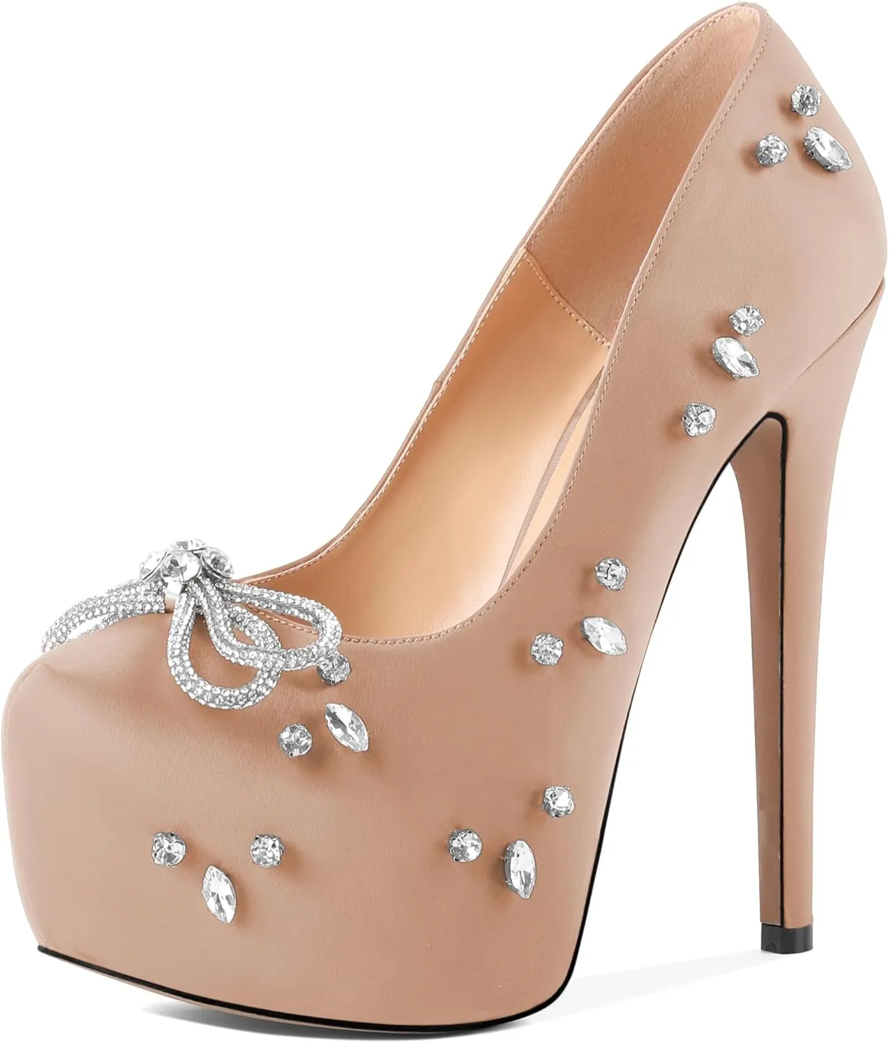 SAMMITOP Women's High Heel Platform Pumps Sparkly Rhinestone Bow Round Closed Toe Stilettos Satin Wedding Bridal Party Dress Pump Shoes 6 Inch