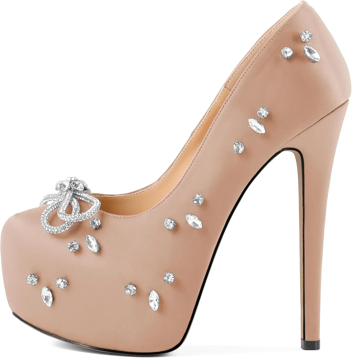 SAMMITOP Women's High Heel Platform Pumps Sparkly Rhinestone Bow Round Closed Toe Stilettos Satin Wedding Bridal Party Dress Pump Shoes 6 Inch