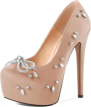 SAMMITOP Women's High Heel Platform Pumps Sparkly Rhinestone Bow Round Closed Toe Stilettos Satin Wedding Bridal Party Dress Pump Shoes 6 Inch