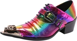 Santimon Mens Oxfords Casual Dress Tuxedo Shoes Genuine Leather Metal Pointed Toe Folding Texture Party Prom Wedding Ballroom Singer Bar Disco Derby Western Colorful Shoes for Men