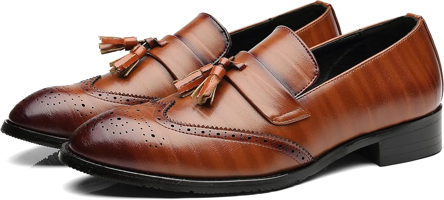 Santimon Men's Smoking Slipper Tassel Loafers Brogue PU Leather Driving Boat Moccasins Casual Shoes