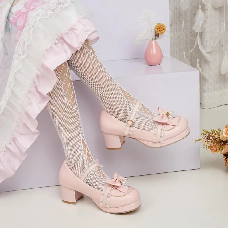 Seborluys Women's Sweet Lolita Cosplay Shoes Mid Chunky Heel Kawaii Platform Mary Jane Dress Pumps Ankle Strap with Lace Bow
