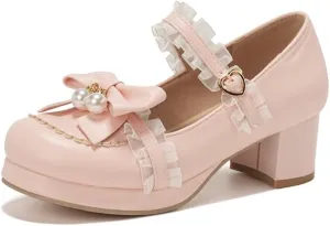 Seborluys Women's Sweet Lolita Cosplay Shoes Mid Chunky Heel Kawaii Platform Mary Jane Dress Pumps Ankle Strap with Lace Bow