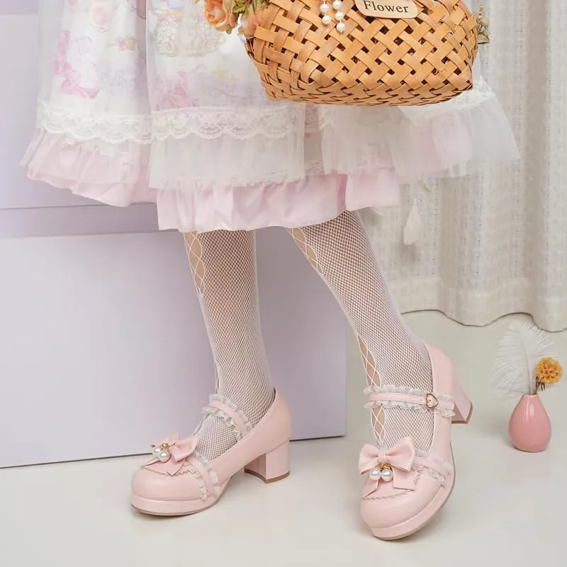 Seborluys Women's Sweet Lolita Cosplay Shoes Mid Chunky Heel Kawaii Platform Mary Jane Dress Pumps Ankle Strap with Lace Bow