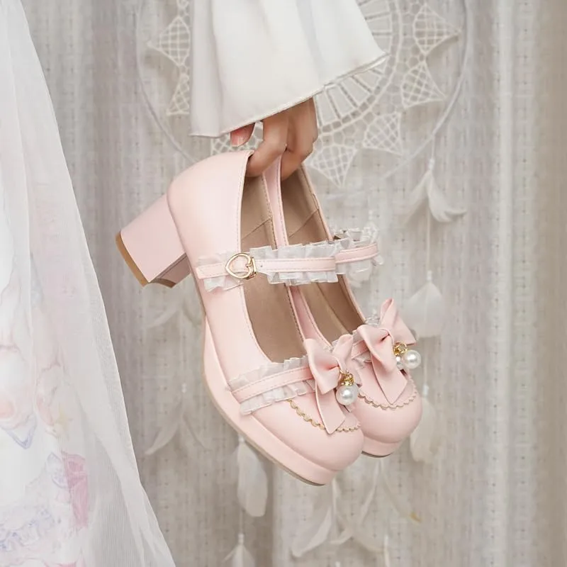 Seborluys Women's Sweet Lolita Cosplay Shoes Mid Chunky Heel Kawaii Platform Mary Jane Dress Pumps Ankle Strap with Lace Bow