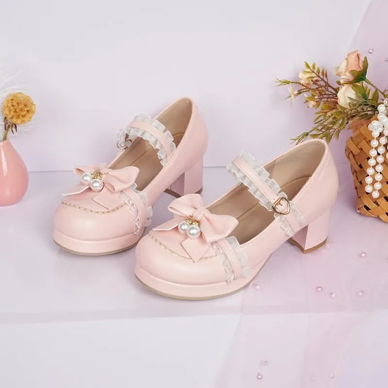 Seborluys Women's Sweet Lolita Cosplay Shoes Mid Chunky Heel Kawaii Platform Mary Jane Dress Pumps Ankle Strap with Lace Bow