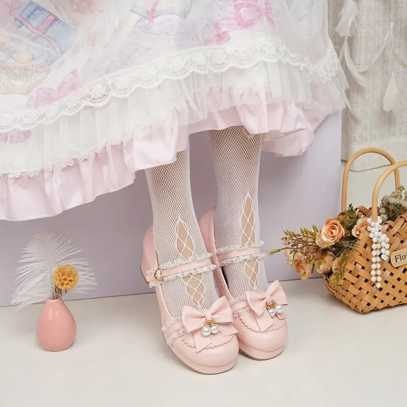 Seborluys Women's Sweet Lolita Cosplay Shoes Mid Chunky Heel Kawaii Platform Mary Jane Dress Pumps Ankle Strap with Lace Bow