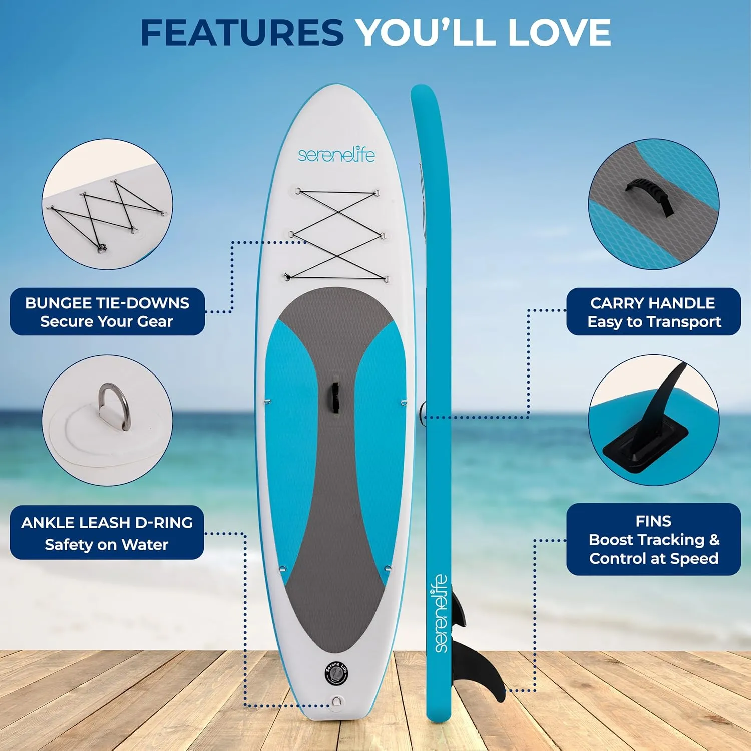 SereneLife Inflatable Stand Up Paddle Board with Premium SUP Accessories, Wide Stable Design, Non-Slip EVA Deck Pad for Youth and Adults