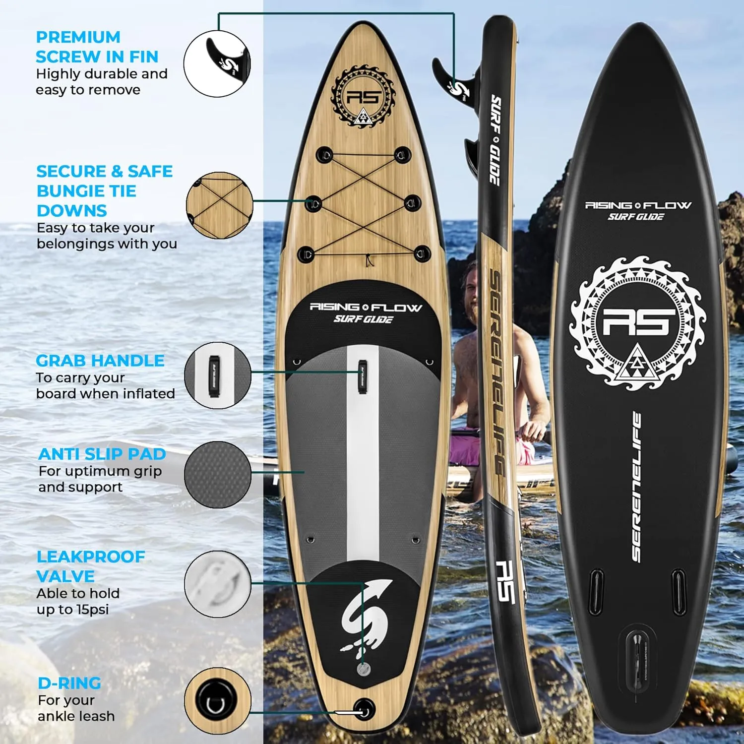 SereneLife Inflatable Stand Up Paddle Board with Premium SUP Accessories – Wide Stable Design with Non-Slip EVA Deck Pad for Adults and Youth of All Skill Levels, 350 lbs Capacity
