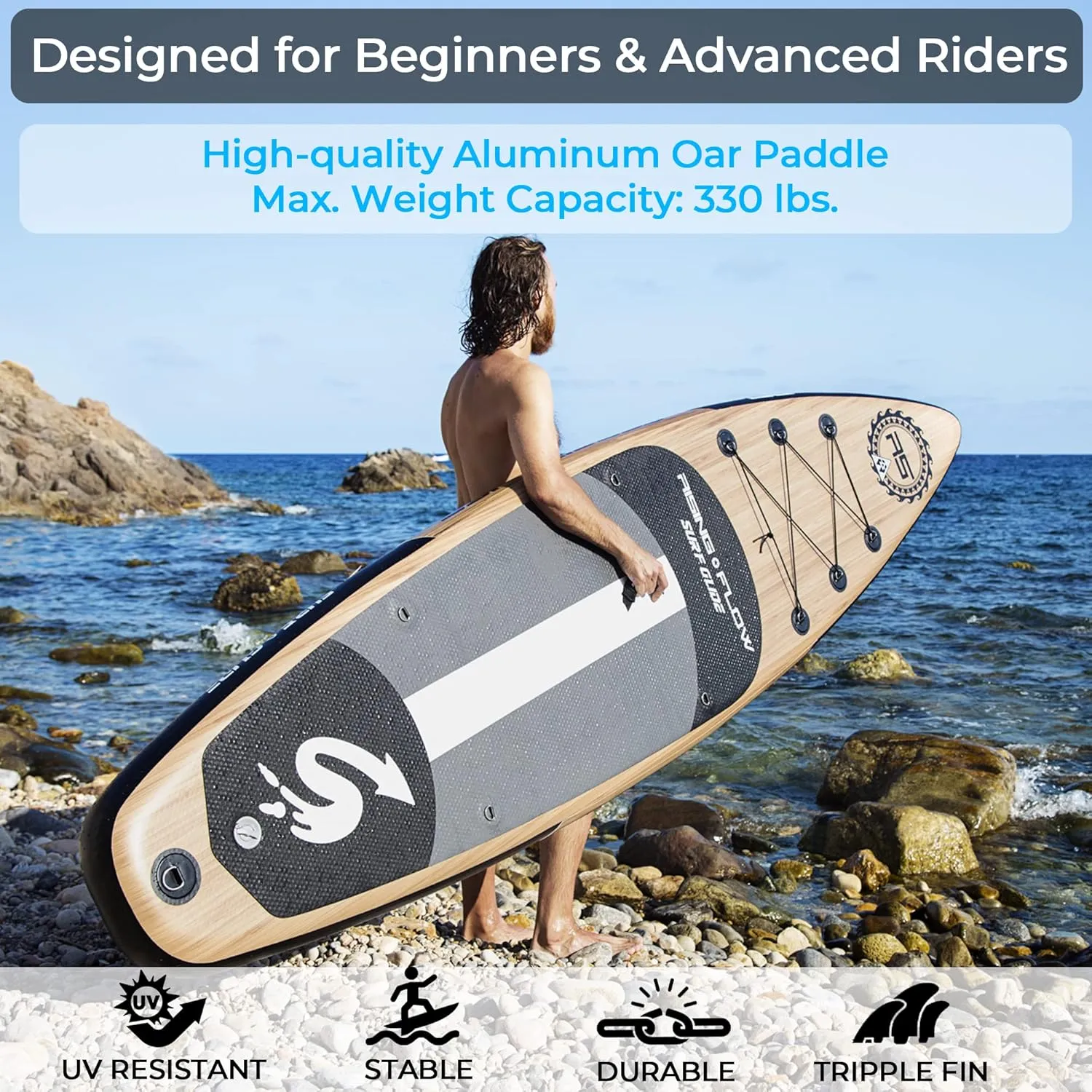 SereneLife Inflatable Stand Up Paddle Board with Premium SUP Accessories – Wide Stable Design with Non-Slip EVA Deck Pad for Adults and Youth of All Skill Levels, 350 lbs Capacity