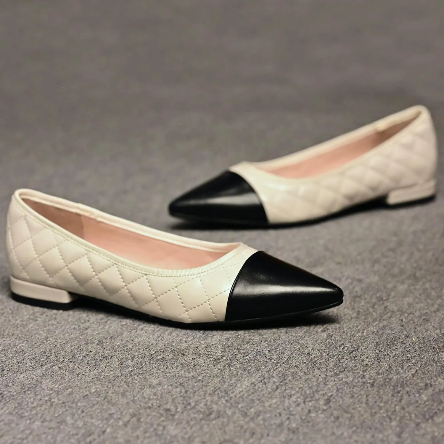 SHODENSE Women Casual Cap Toe Flats Slip on Pointed Toe Ballet Flats Two Tone 0.5" Low Flat Heel Pumps Comfort Colorblock Basic Flat Dress Shoes Work Chic Driver Flats Fall 4-11 M US