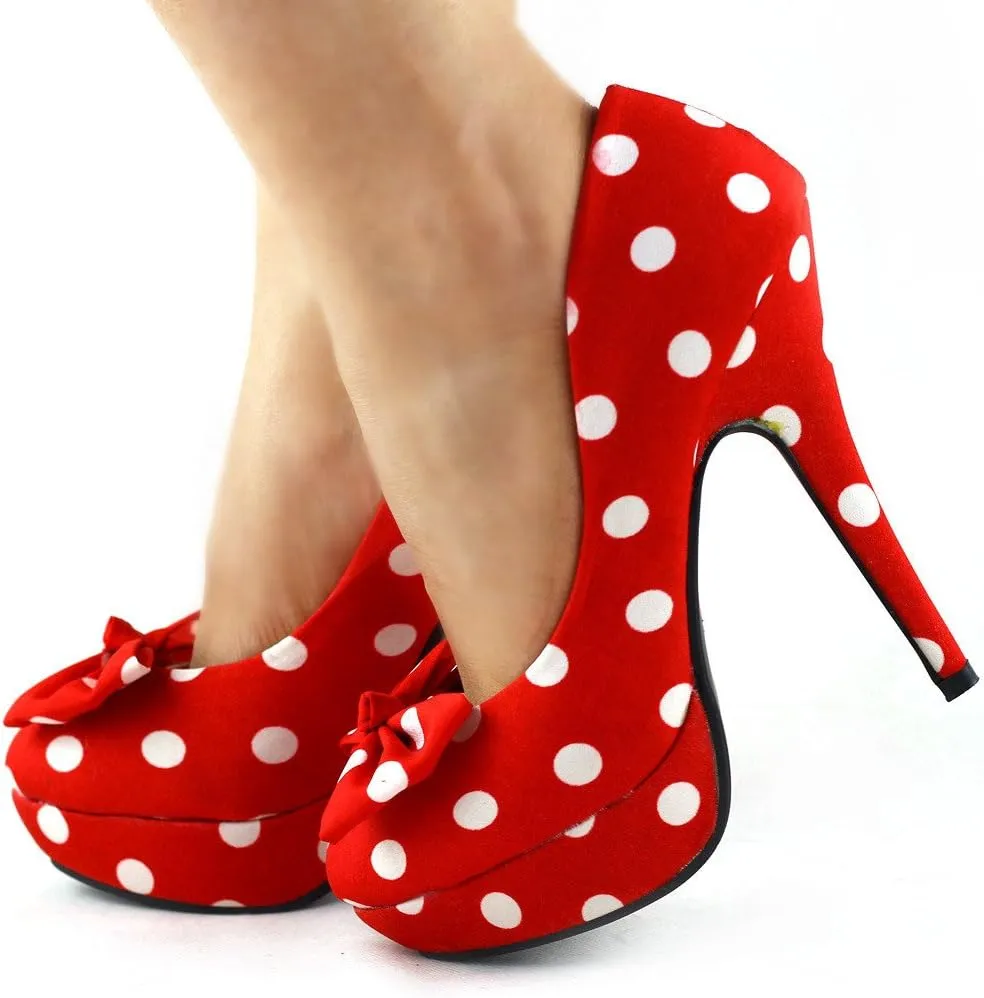 SHOW STORY Two Tone Spot Polka Dots Bow Stiletto Platform High Heel Pump,LF30406