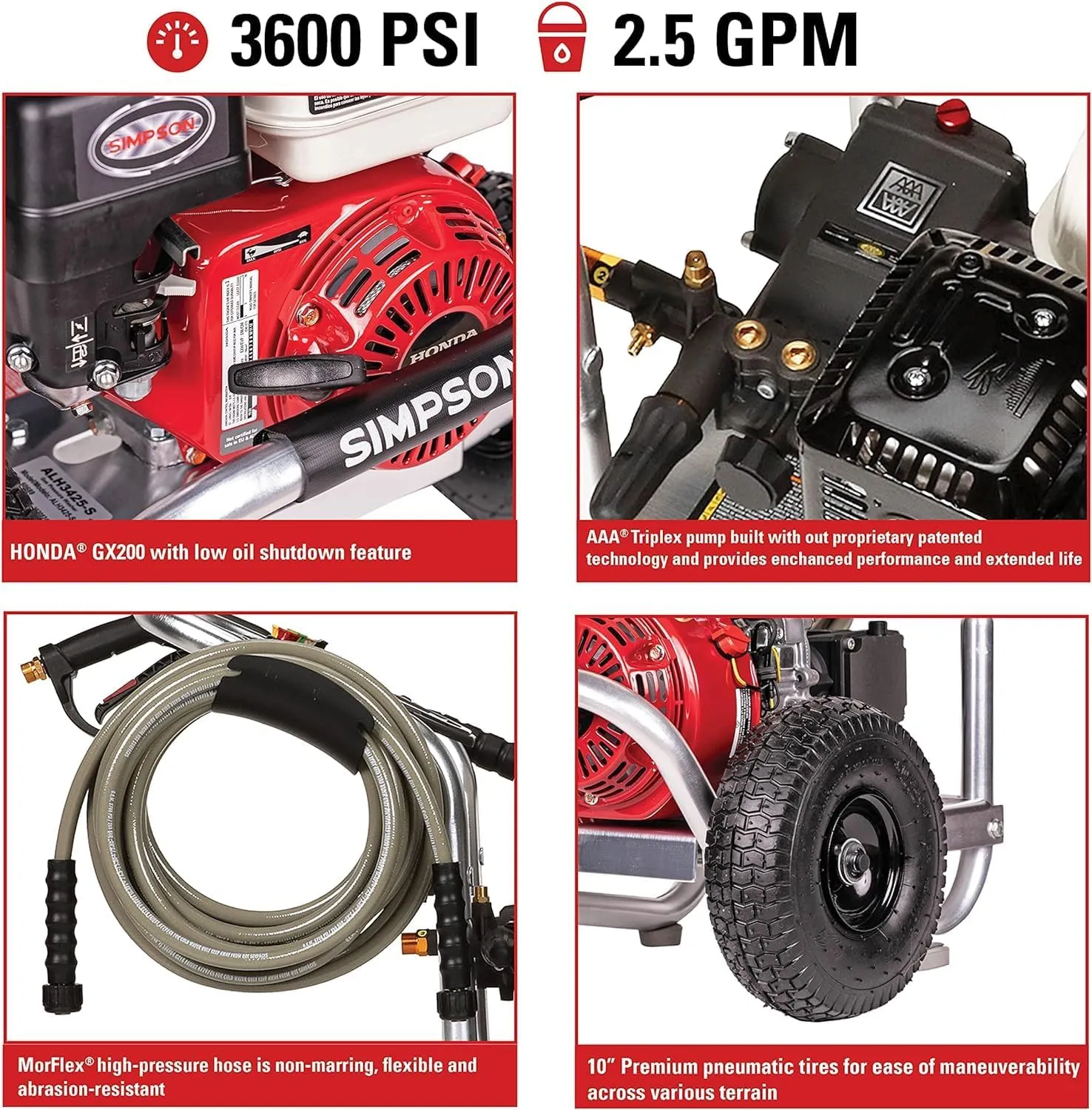Simpson Cleaning 3600 PSI Gas Pressure Washer, 2.5 GPM Power Washer for Commercial Use, Honda GX200 Engine, 35-Foot MorFlex Hose, Aluminum Series, 49-State (ALH3425)