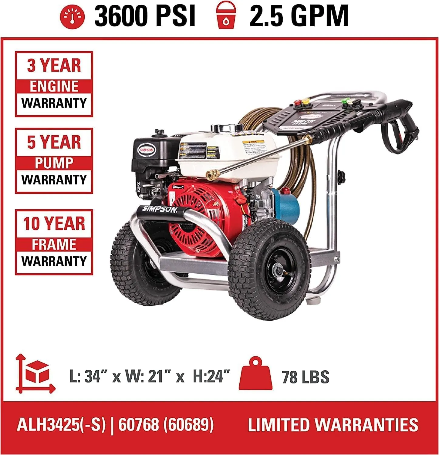 Simpson Cleaning 3600 PSI Gas Pressure Washer, 2.5 GPM Power Washer for Commercial Use, Honda GX200 Engine, 35-Foot MorFlex Hose, Aluminum Series, 49-State (ALH3425)