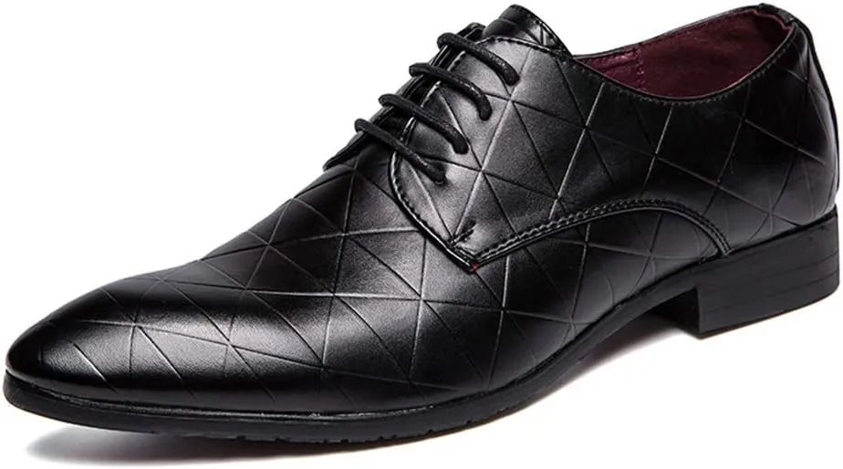 Single Season Dress Shoes for Men Lace Up Plaid Burnished Toe Derby Shoes Vegan Leather Low Top Slip Resistant Anti-Slip Classic Very Popular Among Young People