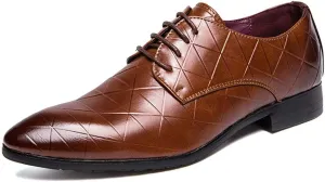 Single Season Dress Shoes for Men Lace Up Plaid Burnished Toe Derby Shoes Vegan Leather Low Top Slip Resistant Anti-Slip Classic Very Popular Among Young People