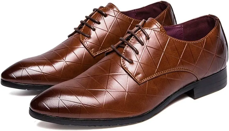 Single Season Dress Shoes for Men Lace Up Plaid Burnished Toe Derby Shoes Vegan Leather Low Top Slip Resistant Anti-Slip Classic Very Popular Among Young People