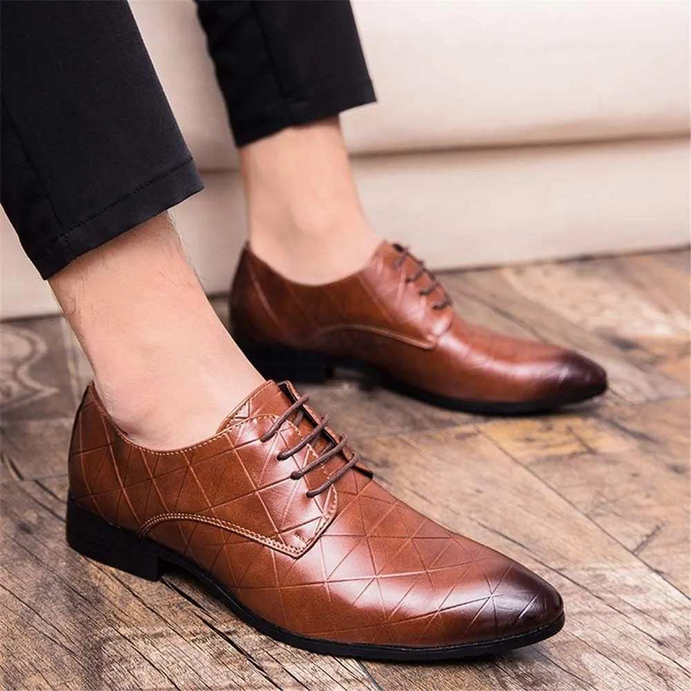 Single Season Dress Shoes for Men Lace Up Plaid Burnished Toe Derby Shoes Vegan Leather Low Top Slip Resistant Anti-Slip Classic Very Popular Among Young People