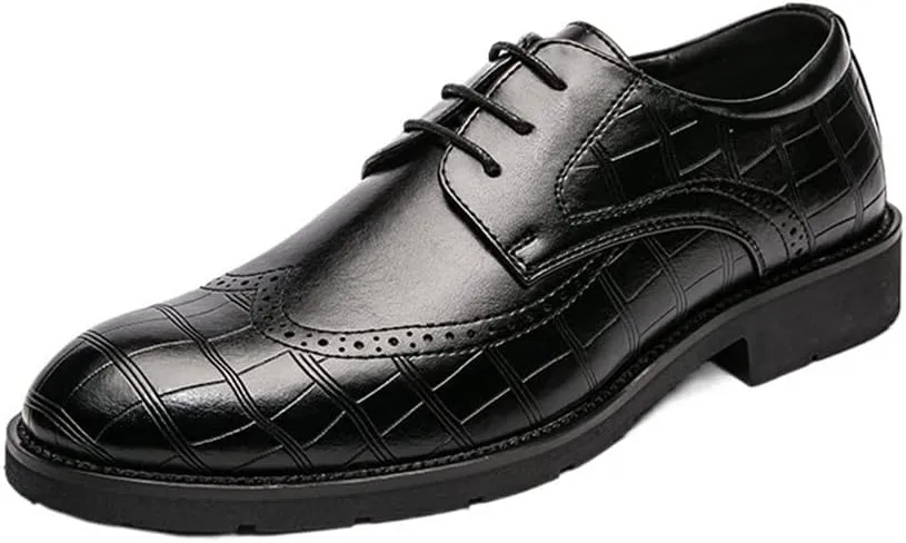 Single Season Dress Shoes for Men Lace Up Round Toe Wing tip Plaid Derby Shoes Vegan Leather Anti-Slip Slip Resistant Rubber Sole Block Heel Classic Very Popular Among Young People (Colo Black