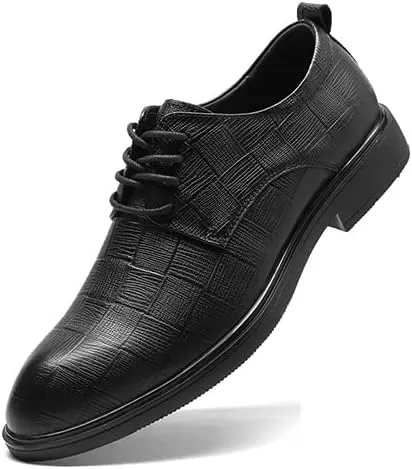 Single Season Formal Shoes for Men Lace Up Plaid Derby Shoes Round Toe Leather Anti-Slip Slip Resistant Block Heel Business Very Popular Among Young People