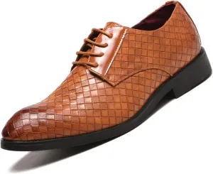 Single Season Oxford Shoes for Men Lace Up Round Toe Plaid Derby Shoes PU Leather Slip Resistant Anti-Slip Rubber Sole Block Heel Low Top Business Very Popular Among Young People