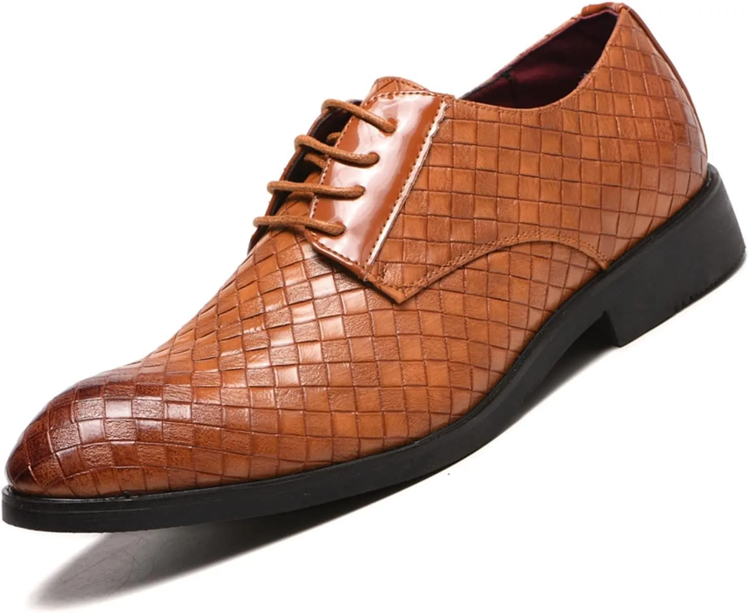 Single Season Oxford Shoes for Men Lace Up Round Toe Plaid Derby Shoes PU Leather Slip Resistant Anti-Slip Rubber Sole Block Heel Low Top Business Very Popular Among Young People