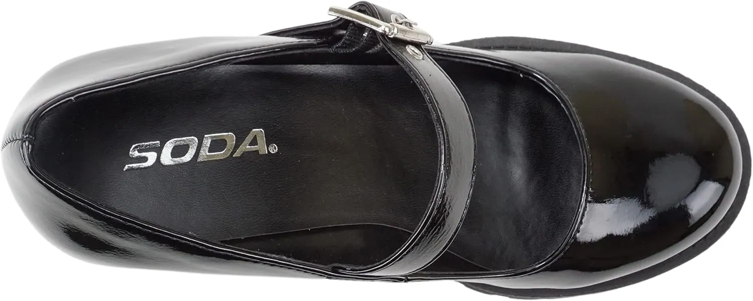 Soda “Eviana” ~ Women Mary Jane Round Toe Mid Chunky Block Heel Lug Sole Pump with Adjustable Strap